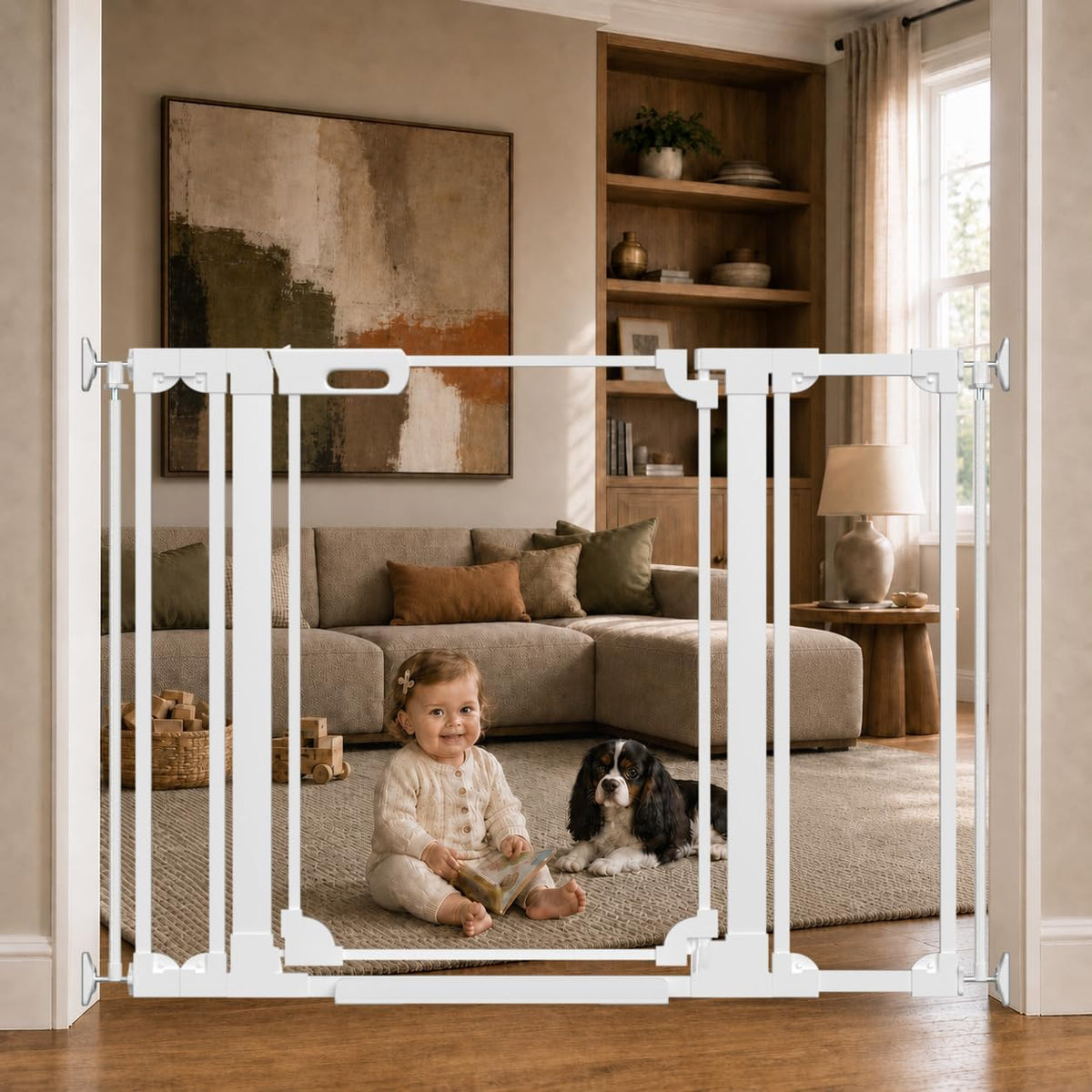 Clear acrylic panel dog gate with white frame across a doorway