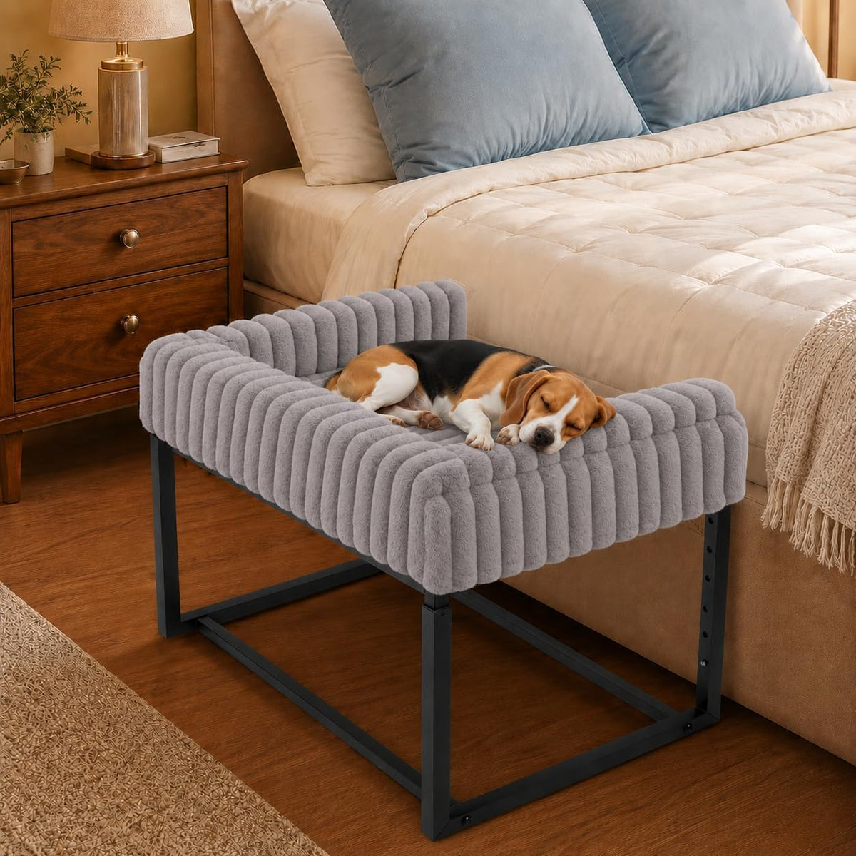 Elevated bedside pet bed attached to the side of a human bed