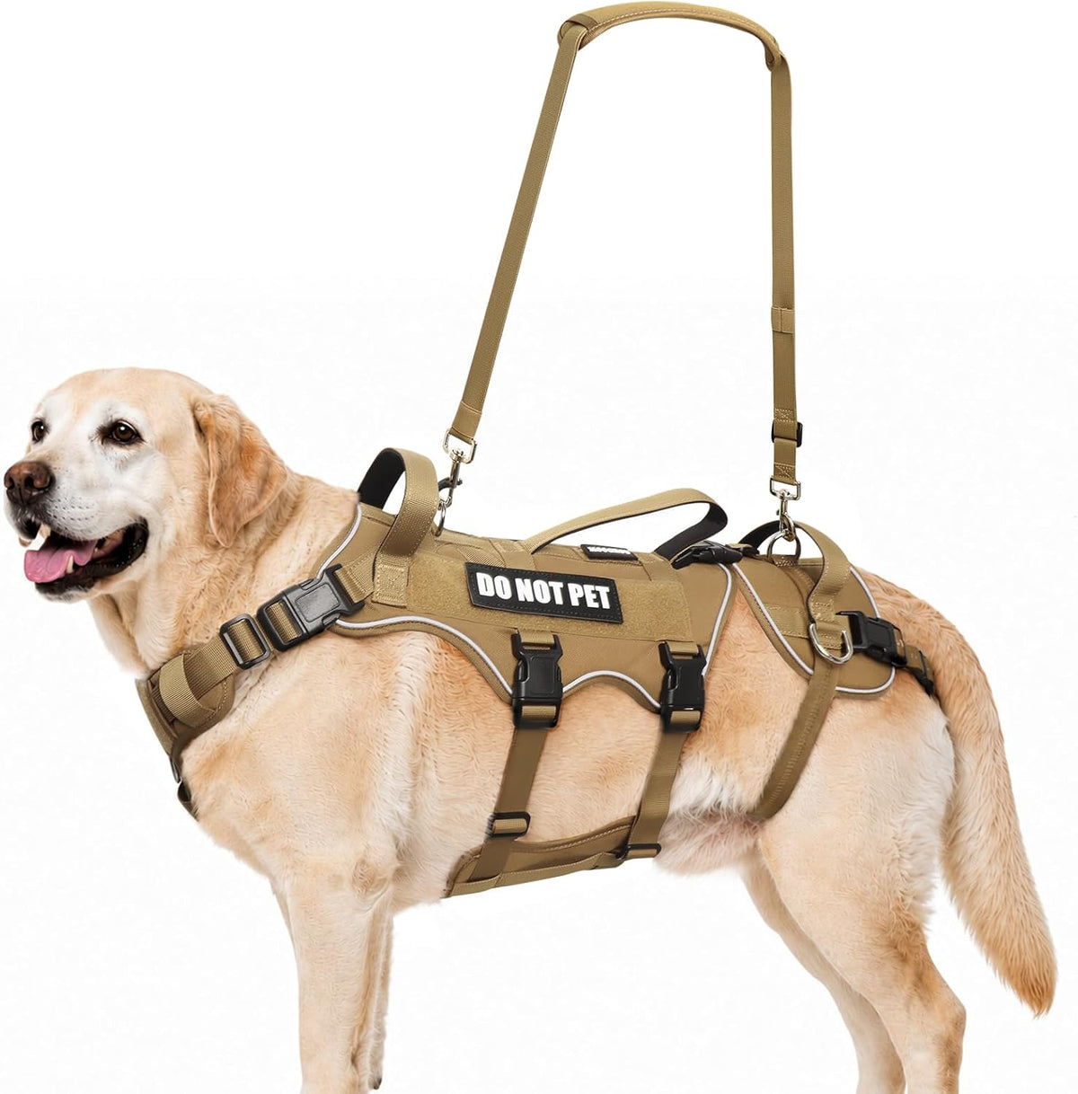 Brown full-body dog lift harness with three padded handles and shoulder strap