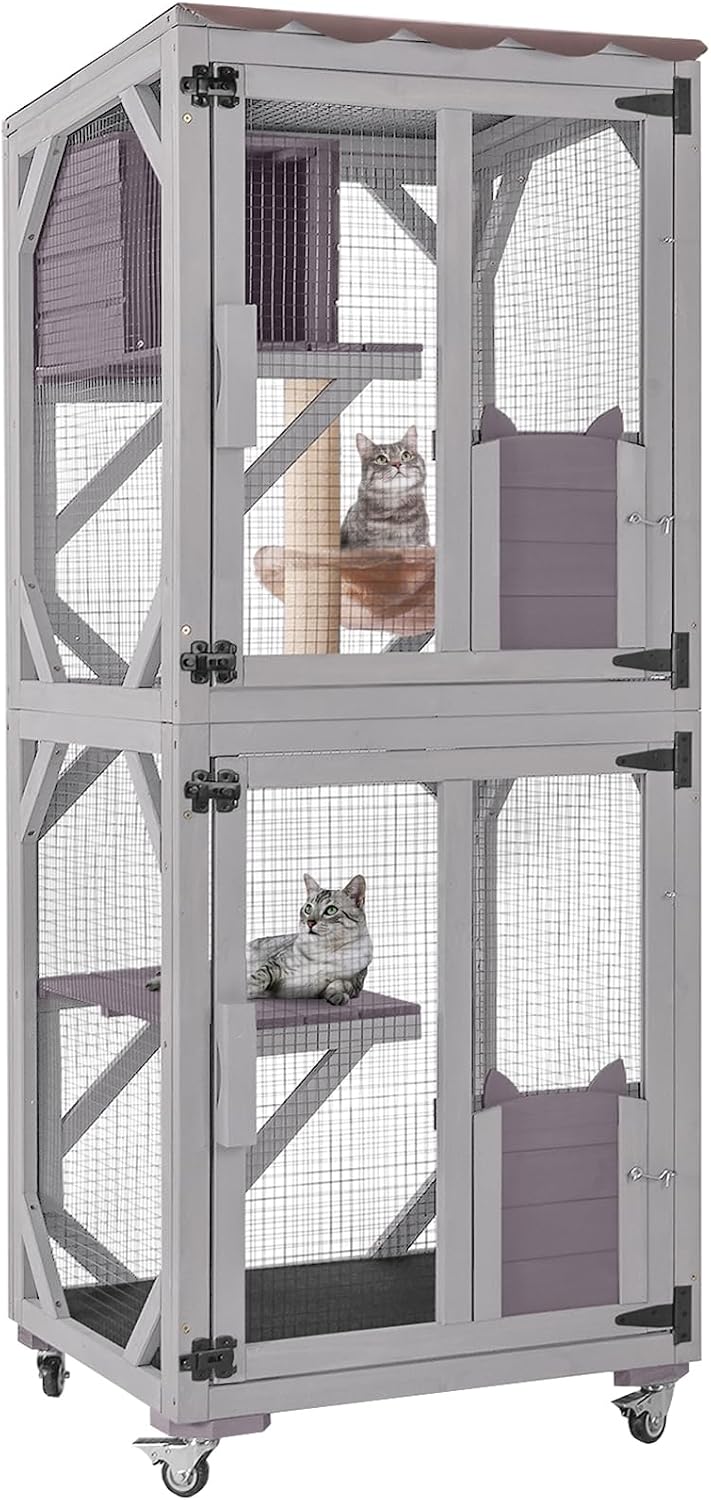 62.5 inch wooden catio on wheels with waterproof cover and platforms