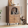Walnut dog-proof cat feeding station with arched metal gate and storage cabinet