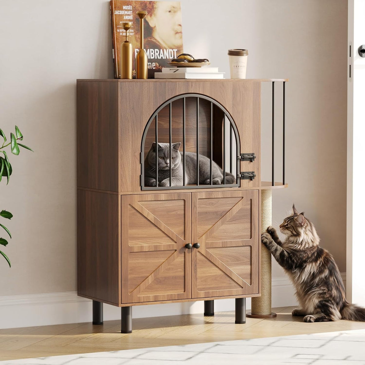 Walnut dog-proof cat feeding station with arched metal gate and storage cabinet
