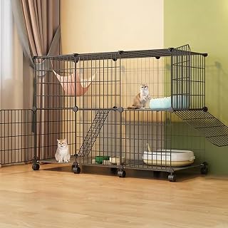 2/3-Tier Wire Cat Cage with 360° Caster Wheels and Ladders, Black A, 43 x 15 x 31