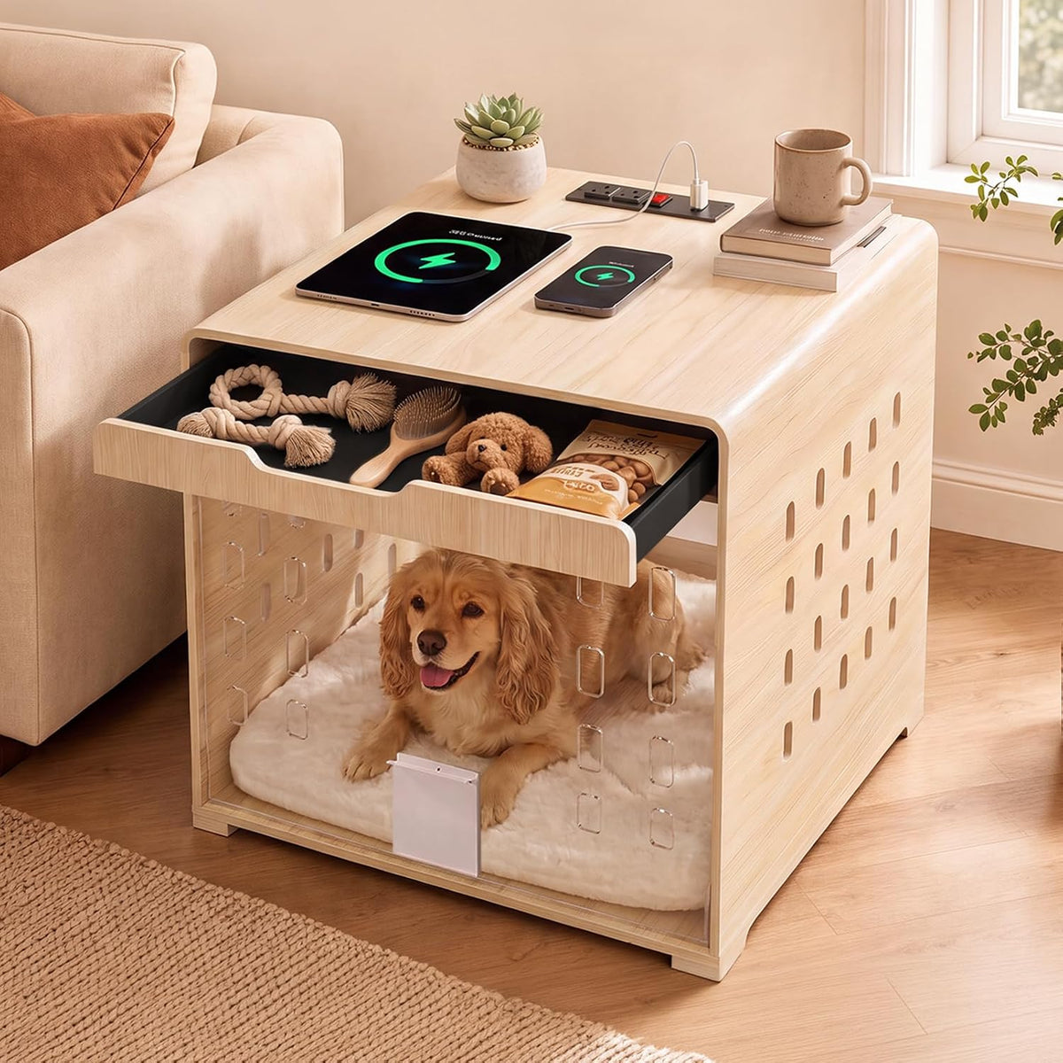 Oak wooden dog crate nightstand with acrylic door, drawer and charging station