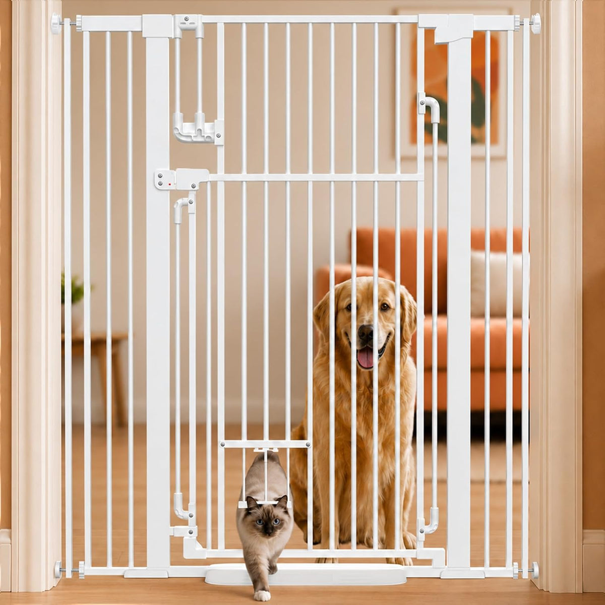 Extra tall 51 inch cat gate with small built-in cat door installed in a doorway