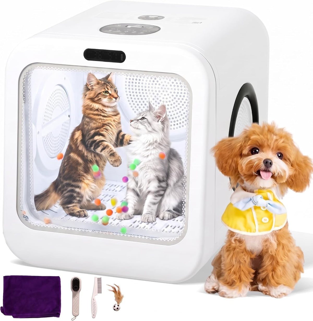 Automatic pet dryer box with touch screen and clear window for cats