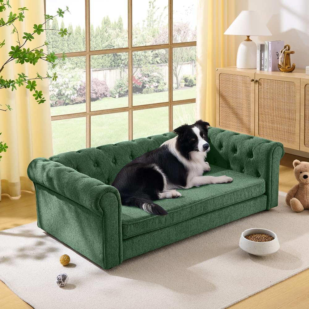 Olive green linen dog couch with wooden legs