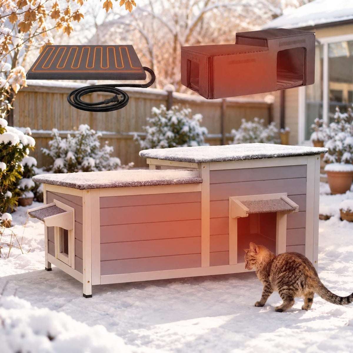 Grey two-story insulated heated outdoor cat house