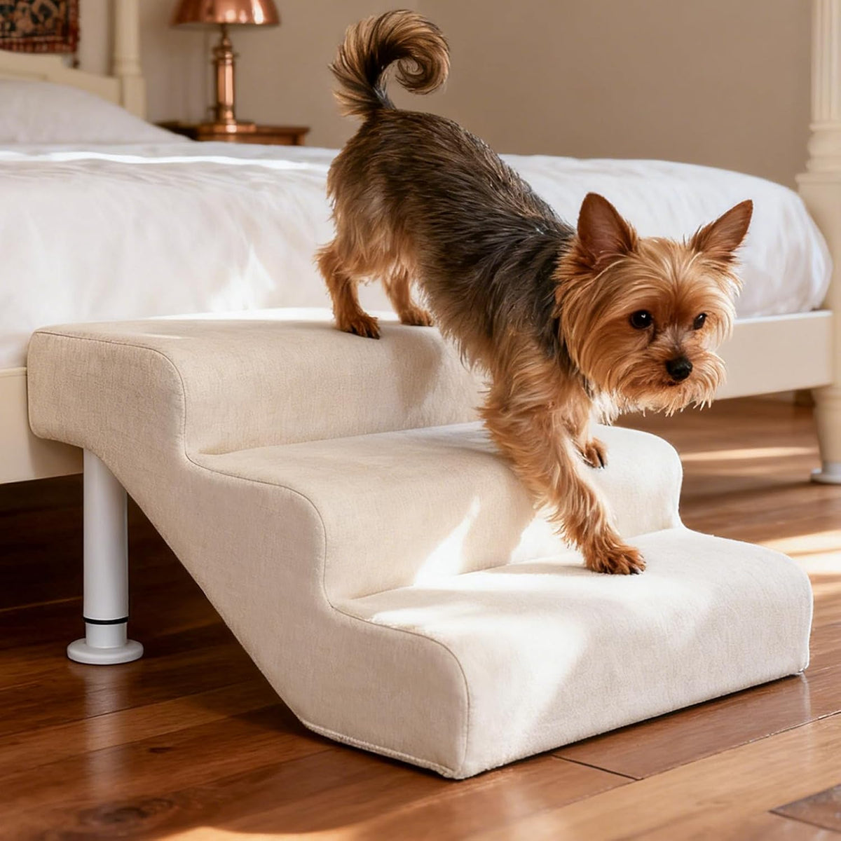 Extra wide leather-covered dog stairs next to a sofa – view 2