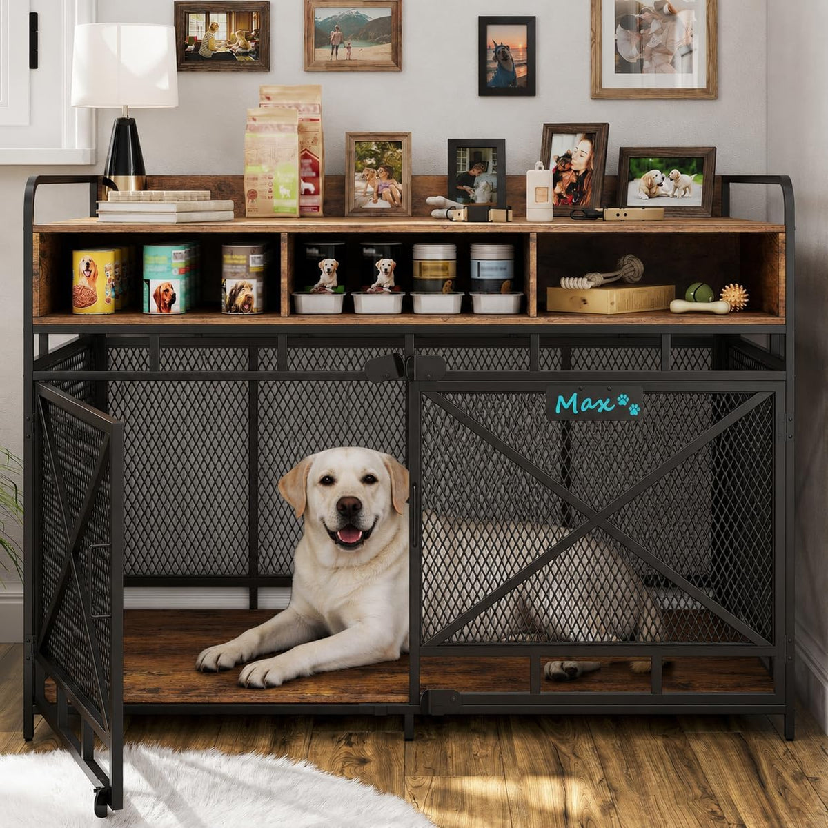 48 inch wooden dog crate end table with three drawers and steel tubes
