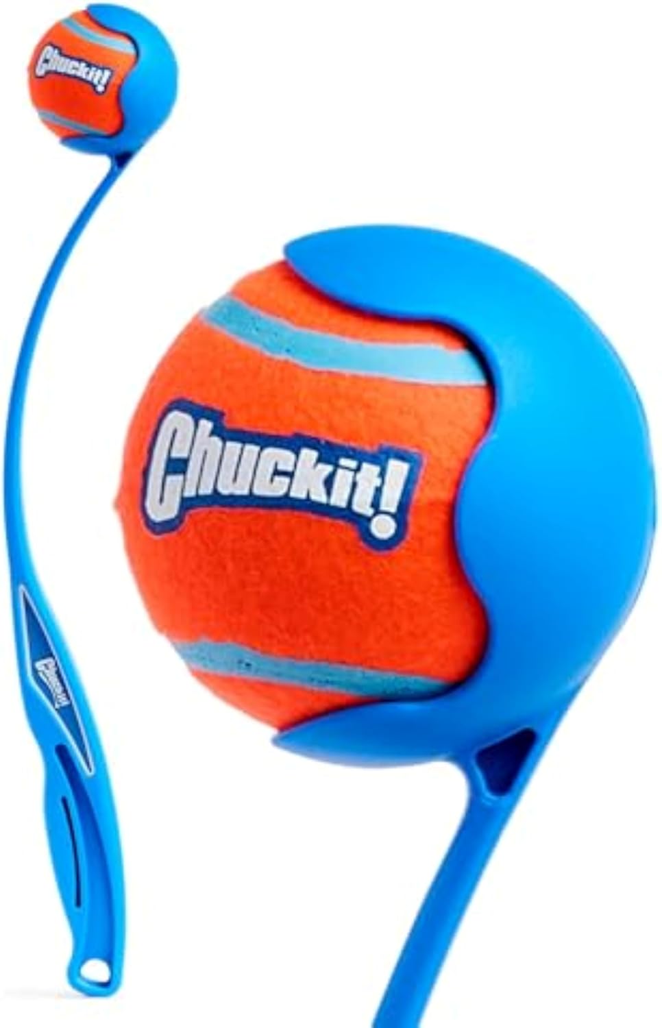 Blue plastic ball launcher with 12 inch handle and ball – view 5