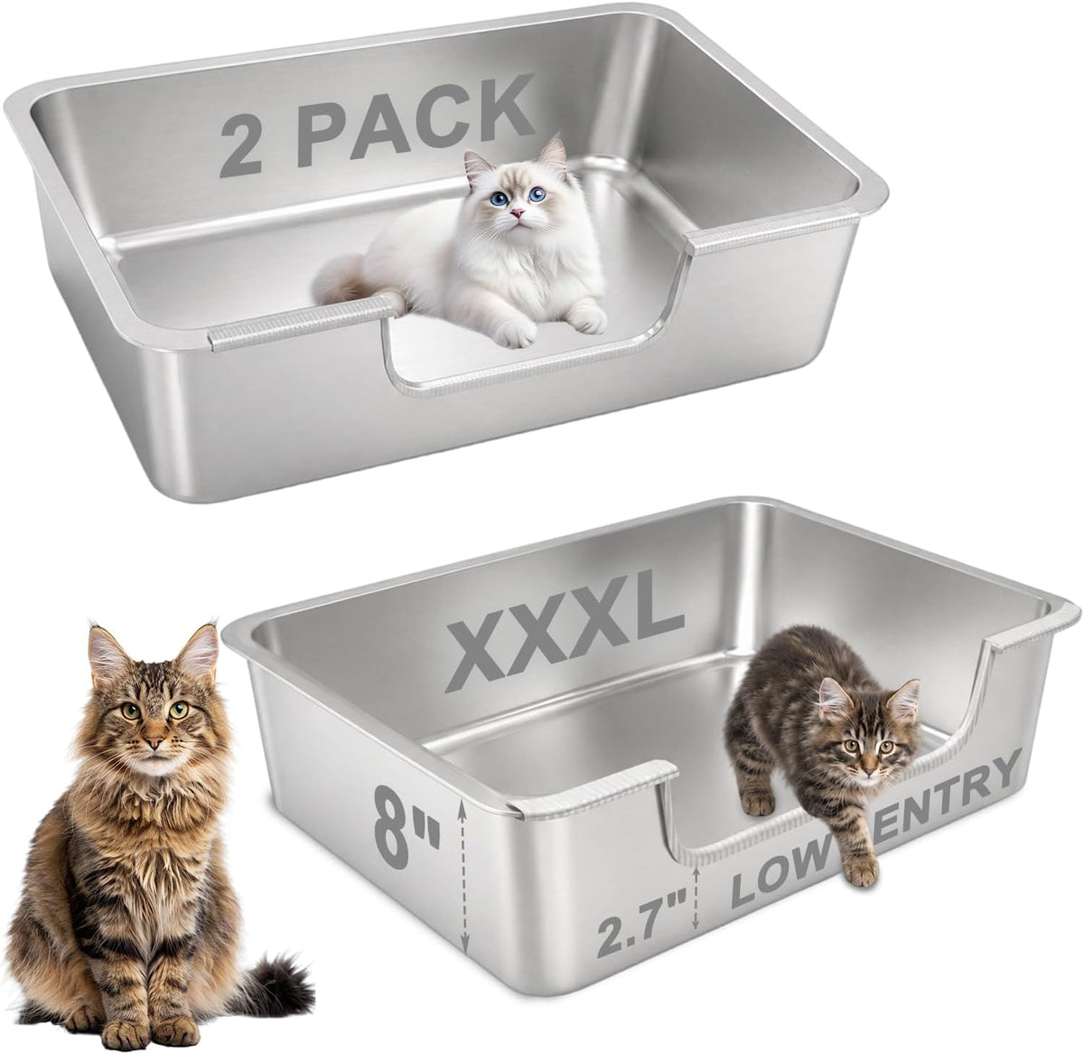 Two extra large stainless steel low entry litter boxes, 28 x 20 x 8 inches