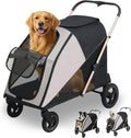 Grey and black four-wheel dog stroller with mesh windows for large dogs