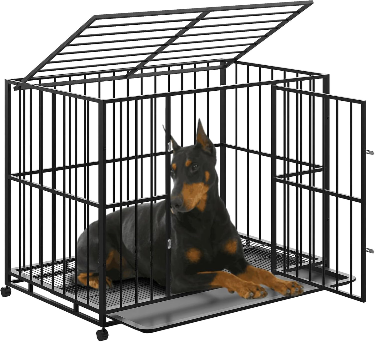48 inch stainless steel heavy duty dog crate with top door and wheels