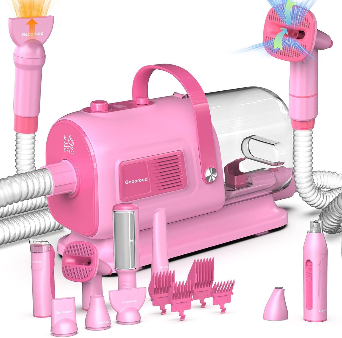 Pink dog grooming vacuum and dryer unit with clipper and brush attachments