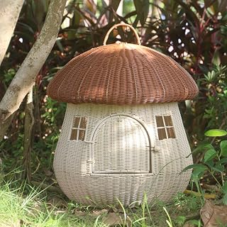 Dual-Use Pet Rattan Nest and Mushroom House, Raised Cat and Dog Bed, Brown, One Size