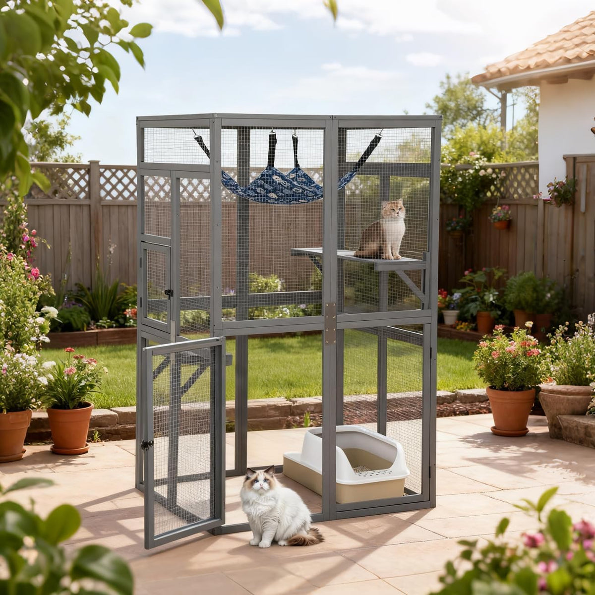 Gray wooden catio cat enclosure with window access and hammock