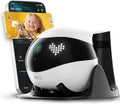 White mobile pet camera robot with pixel face display on a living room floor – view 3