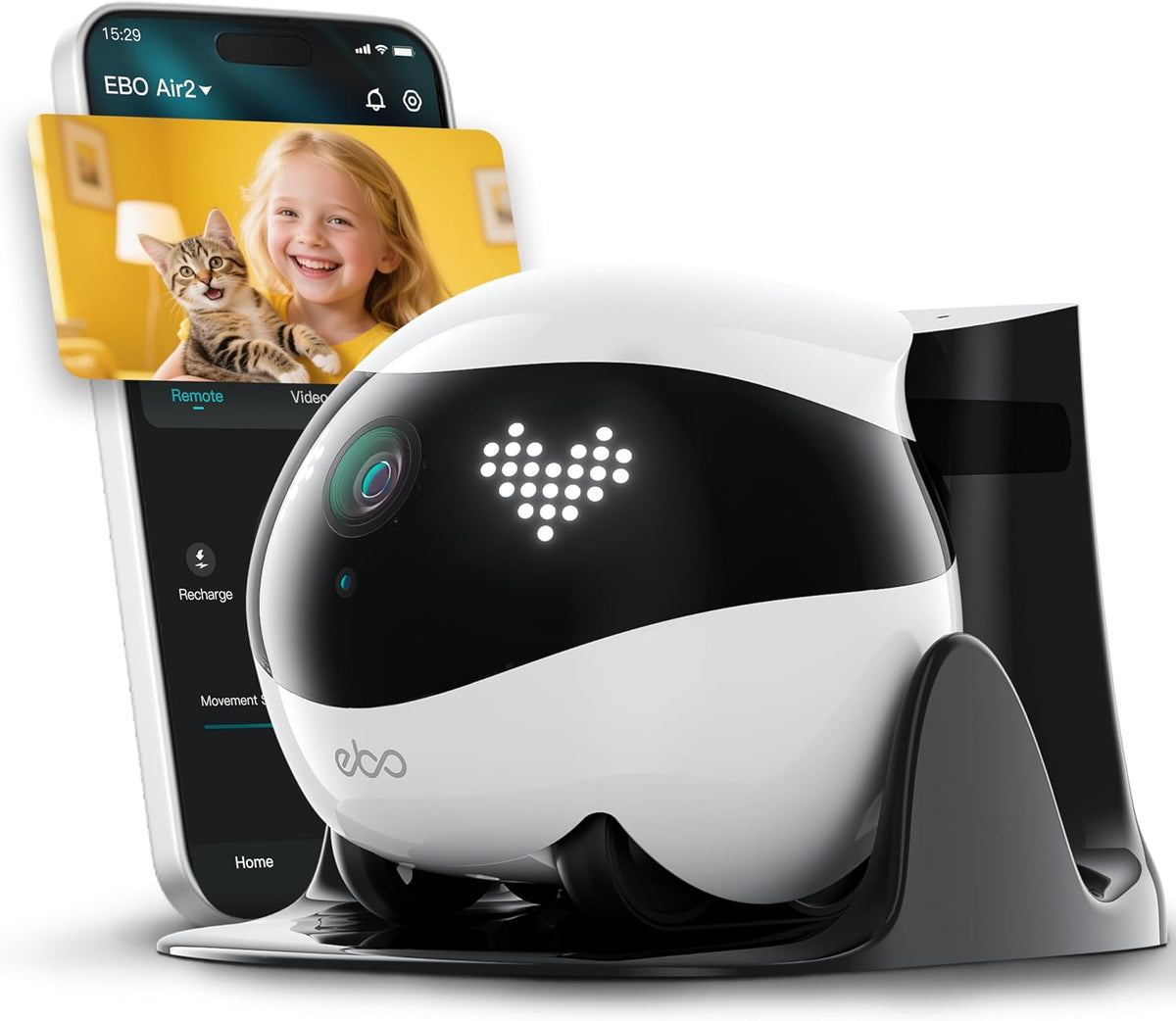 White mobile pet camera robot with pixel face display on a living room floor – view 3