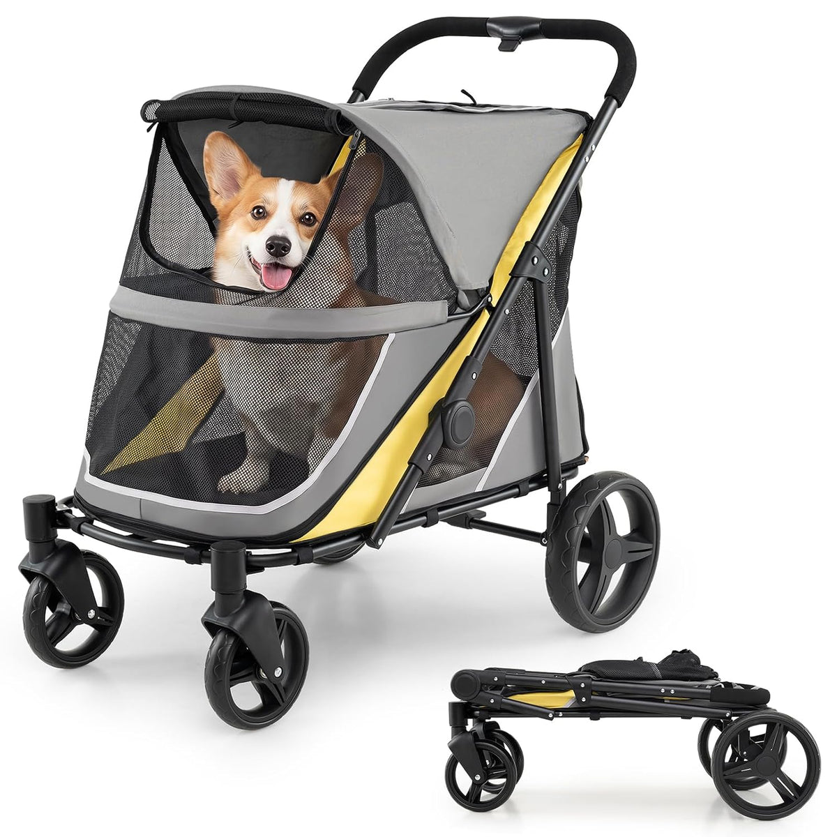 Four-wheel dog stroller with brake carrying a small dog