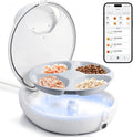 Cream dual-temperature wet food cat feeder with four meal trays