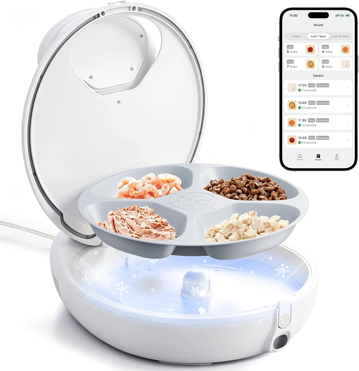 Cream dual-temperature wet food cat feeder with four meal trays