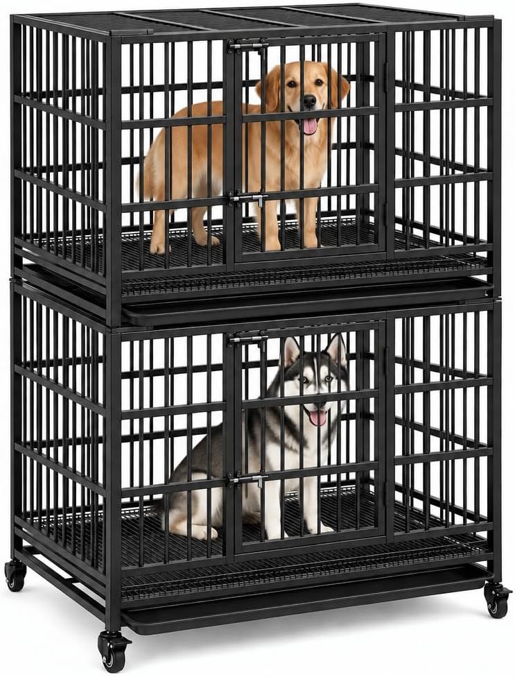 Three stacked heavy-duty steel dog crates with wheels and pull-out trays – view 3