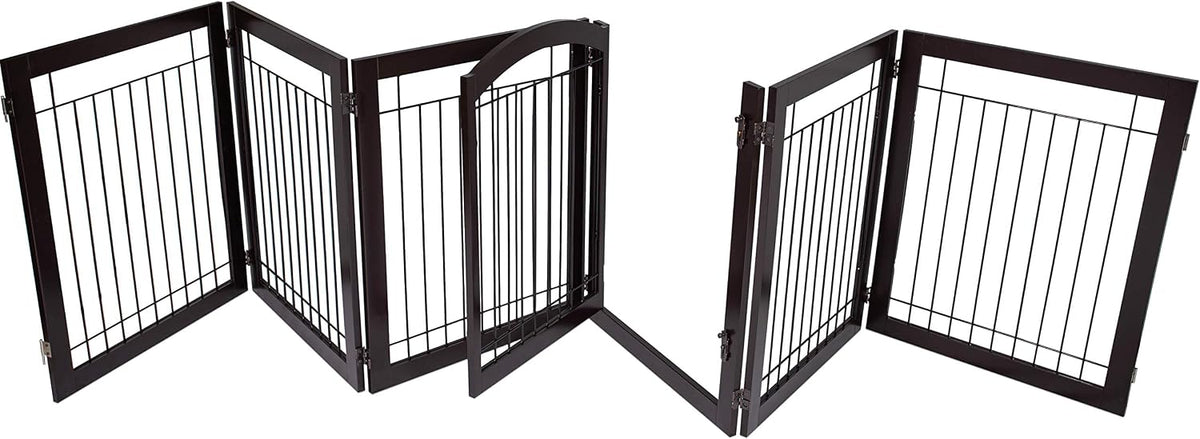 Espresso six-panel wood and wire freestanding dog gate with door folded in a Z shape