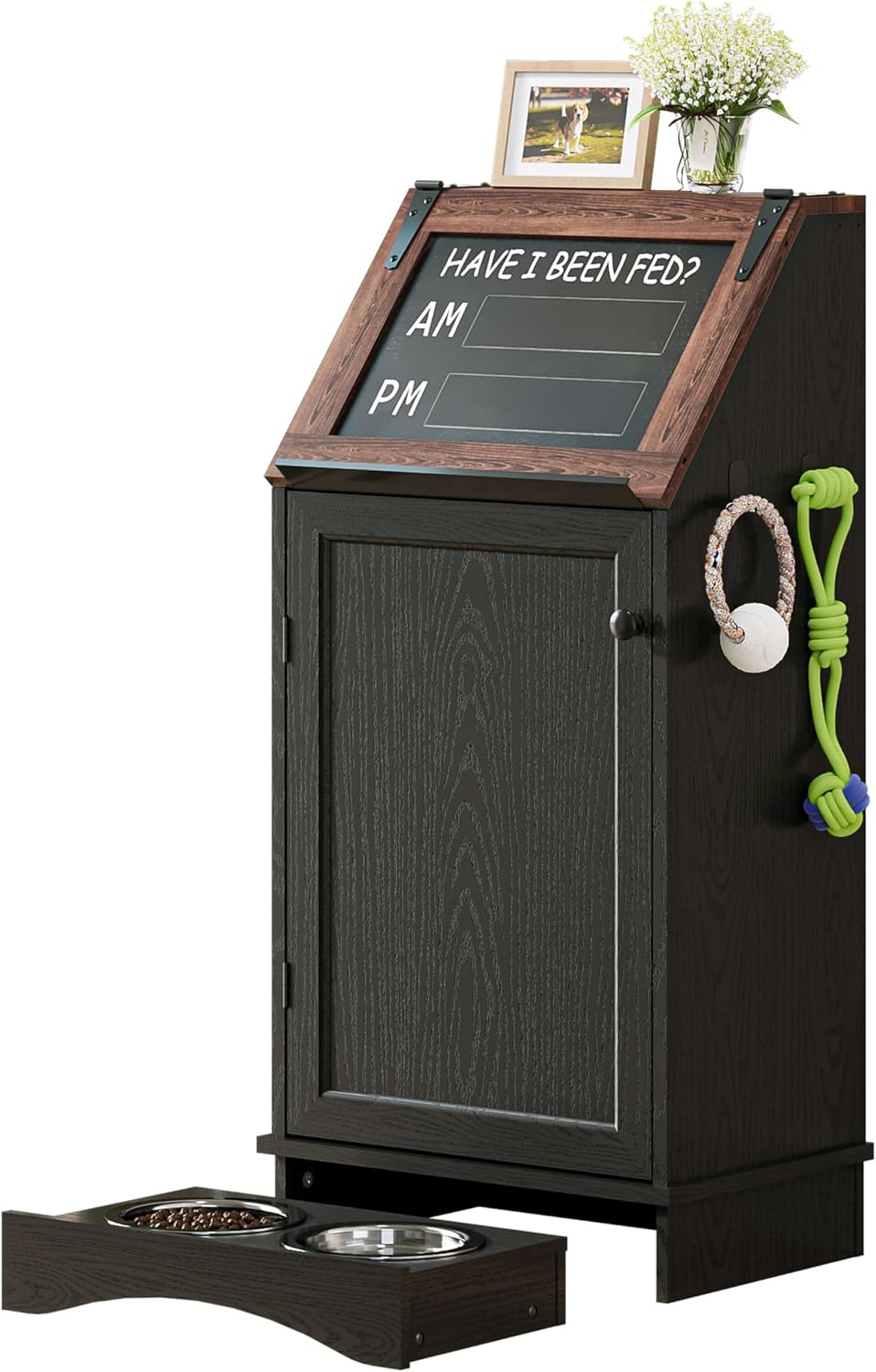 White wood grain dog feeding cabinet with flip-top lid and hidden bowls – view 2