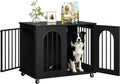 Wooden dog crate furniture with three doors and wheels used as an end table – view 2