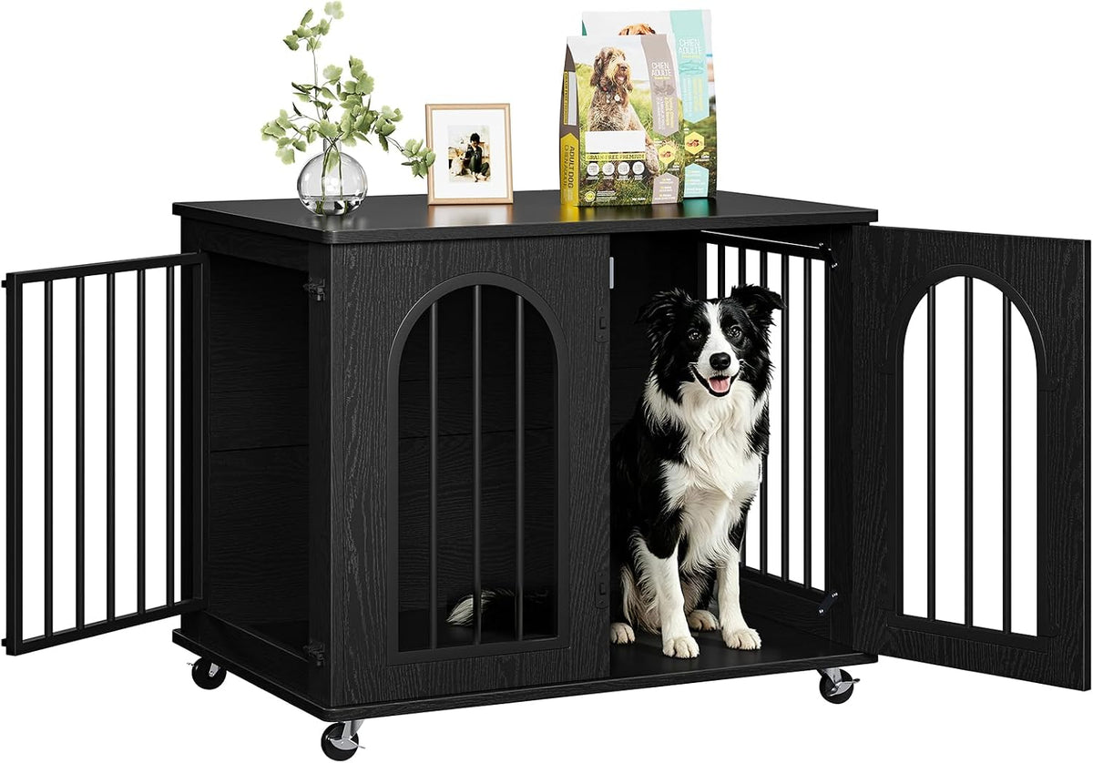 Wooden dog crate furniture with three doors and wheels used as an end table – view 2