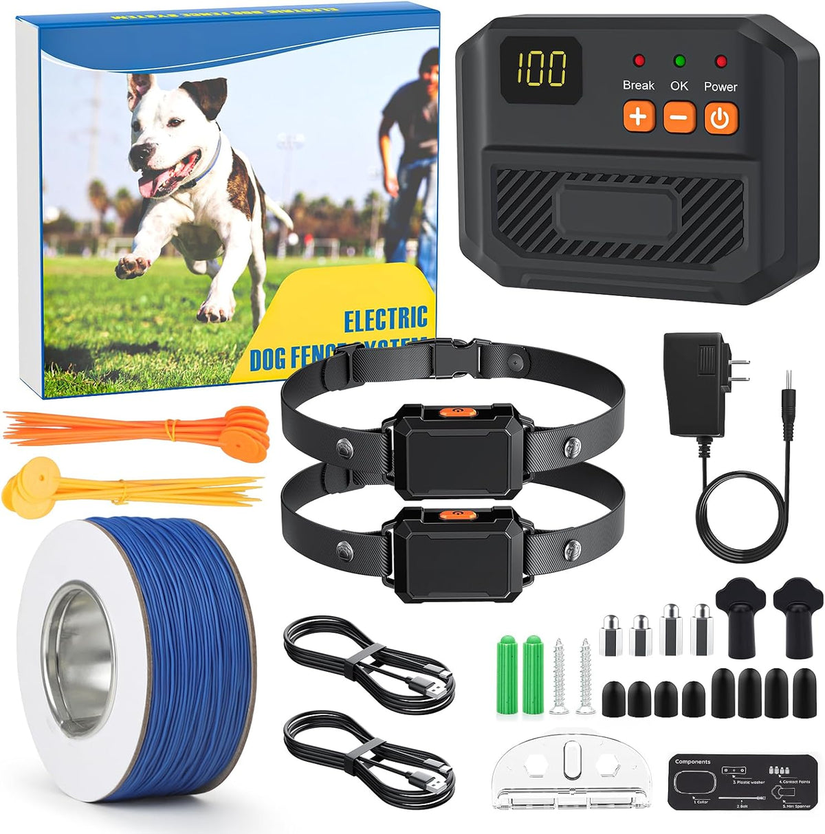 Underground dog fence transmitter with wire spool and two collars
