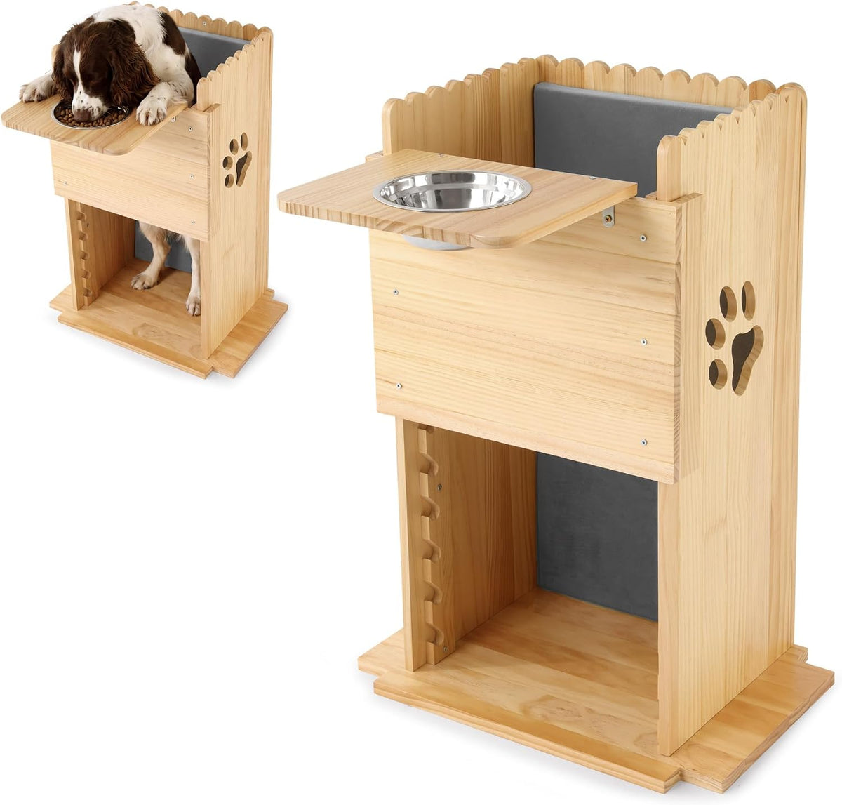 Wooden upright dog feeding chair with bowl