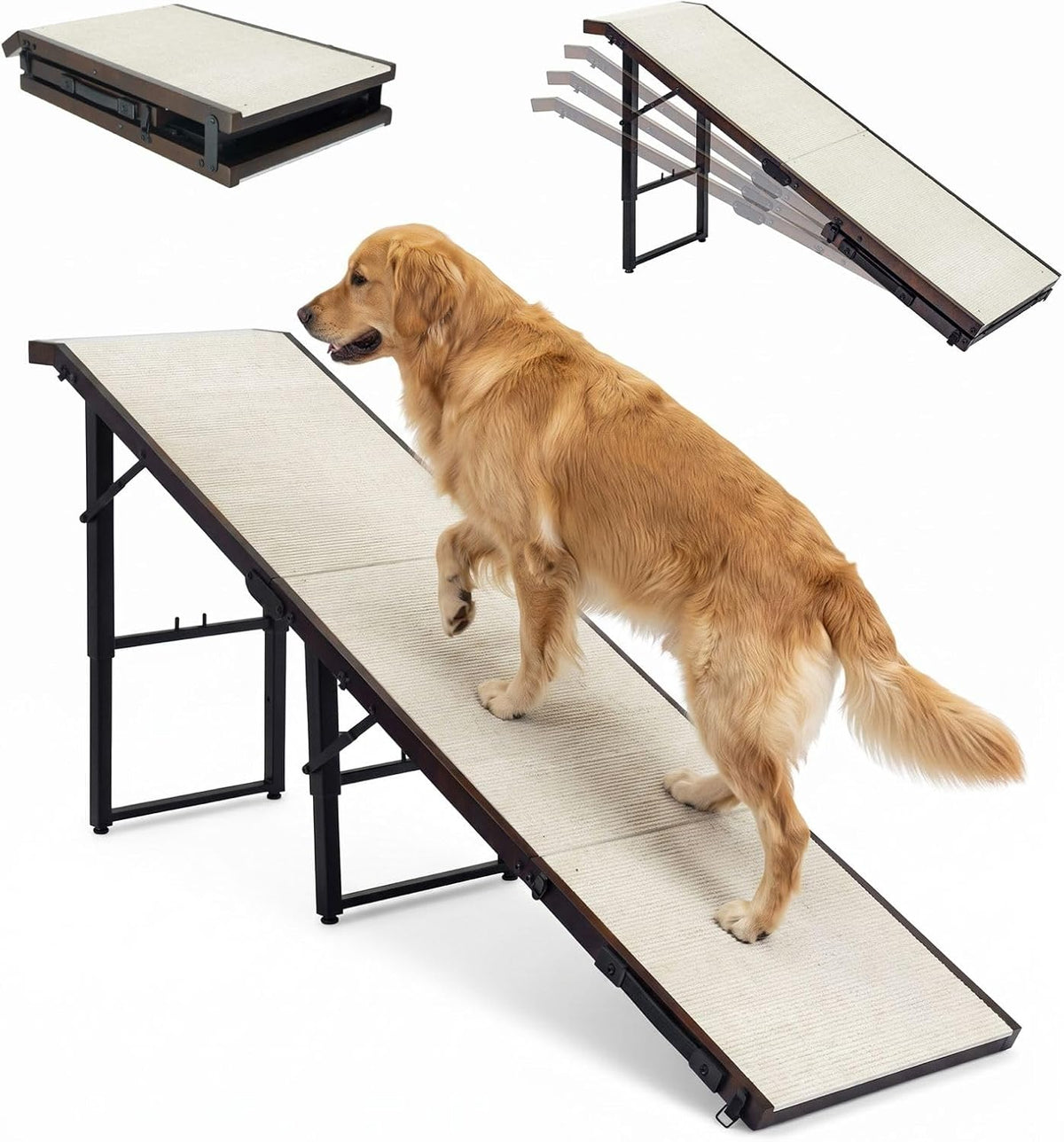 Adjustable foldable dog ramp leading up to a couch