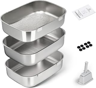 Triple Pan Stainless Steel Sifting Cat Litter Box, Large High-Sided Metal Box for Cats up to 20 lb, Non-Stick, Sifter Tray