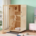 Large Indoor Cat Enclosure with Wheels, LED Light and Transparent Door, Wooden Villa, 23.6" x 23.6" x 47.2"