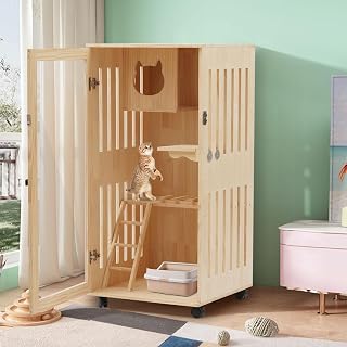 Large Indoor Cat Enclosure with Wheels, LED Light and Transparent Door, Wooden Villa, 23.6" x 23.6" x 47.2"