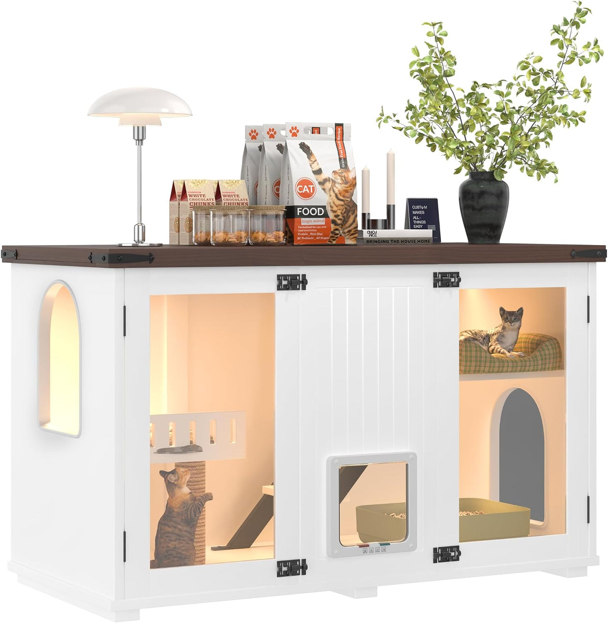 White hidden litter box enclosure with smart door and LED light