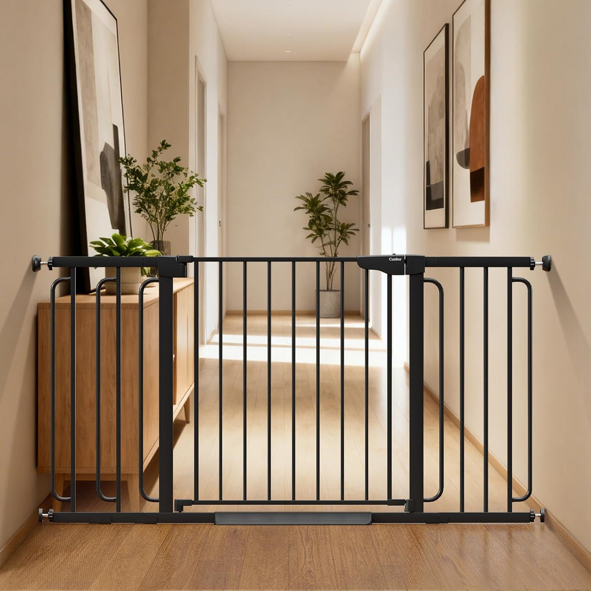 Two extra wide walk-through pet gates across a hallway and a doorway