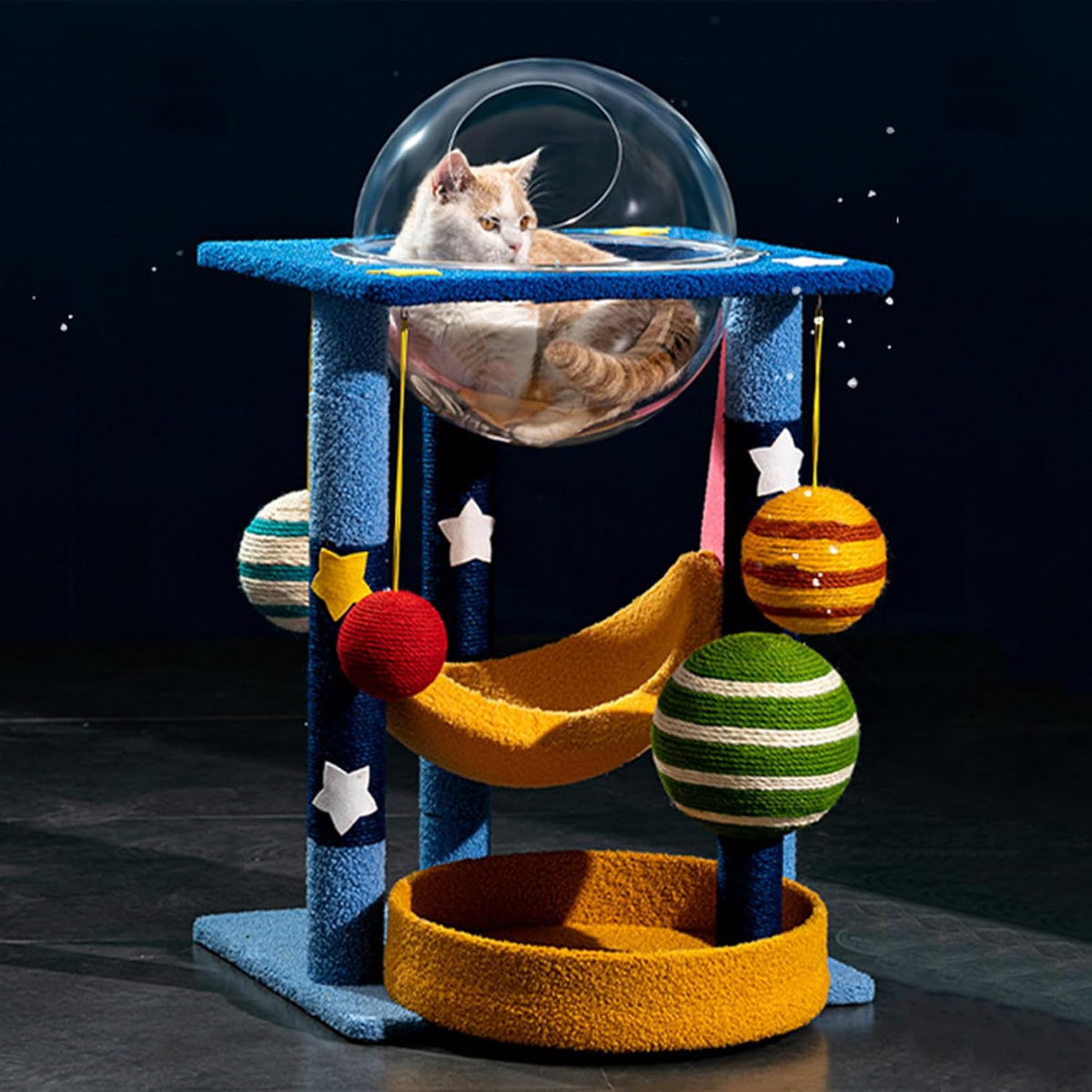 Planet-themed cat tree with capsule condo and moon platform
