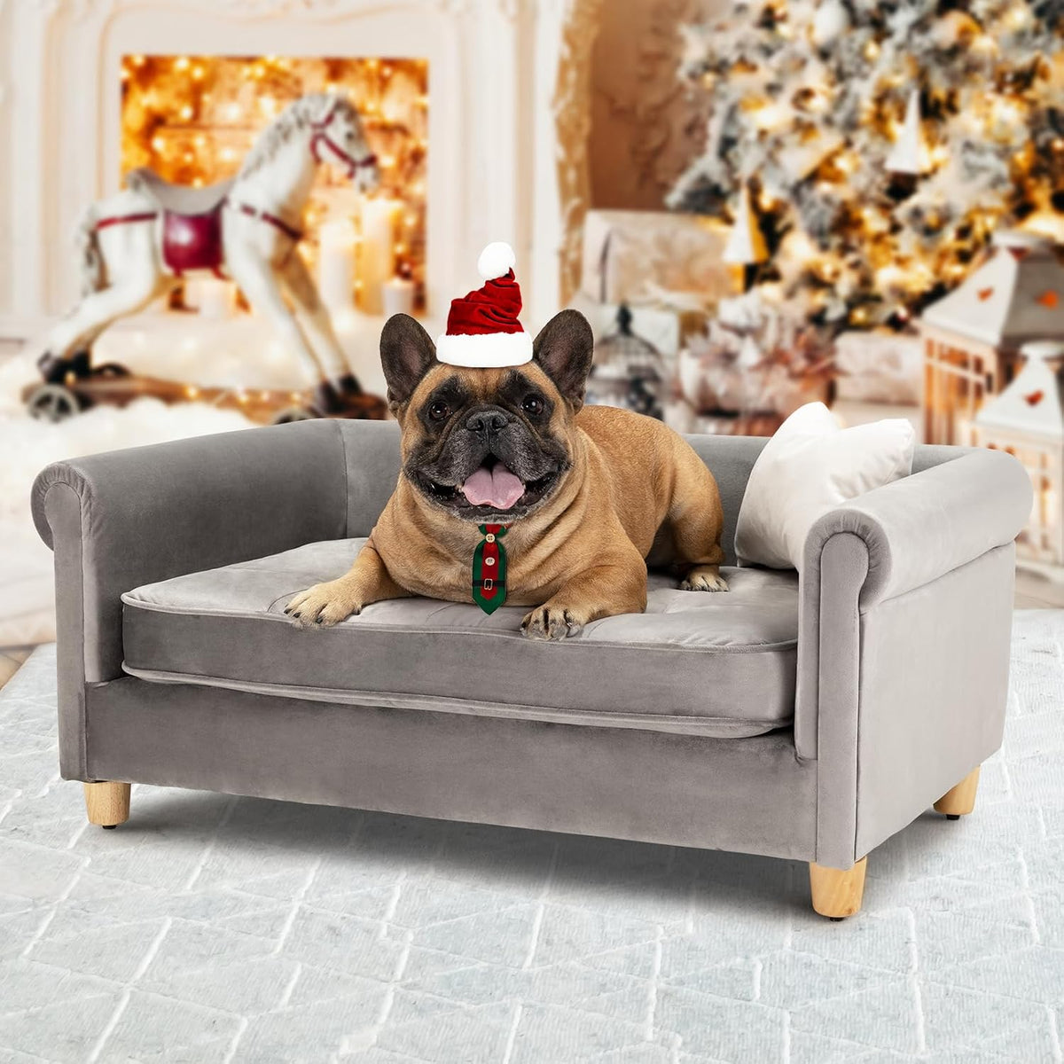 Dark grey velvety dog sofa bed with raised sides