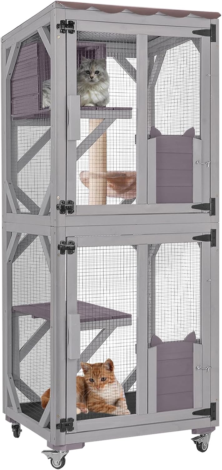 Grey wooden catio on wheels with waterproof cover, hammock and platforms