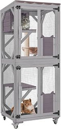 Catio Outdoor Cat Enclosure with Wheels, 62.8" Mobile Cat House with Waterproof Cover, Hammock and Scratching Post, Grey