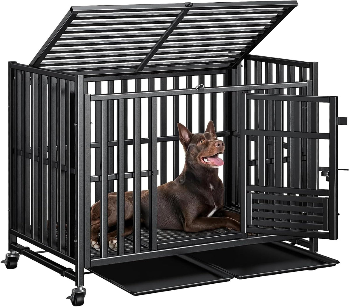 Heavy duty steel dog crate with three doors, wheels and slide-out trays