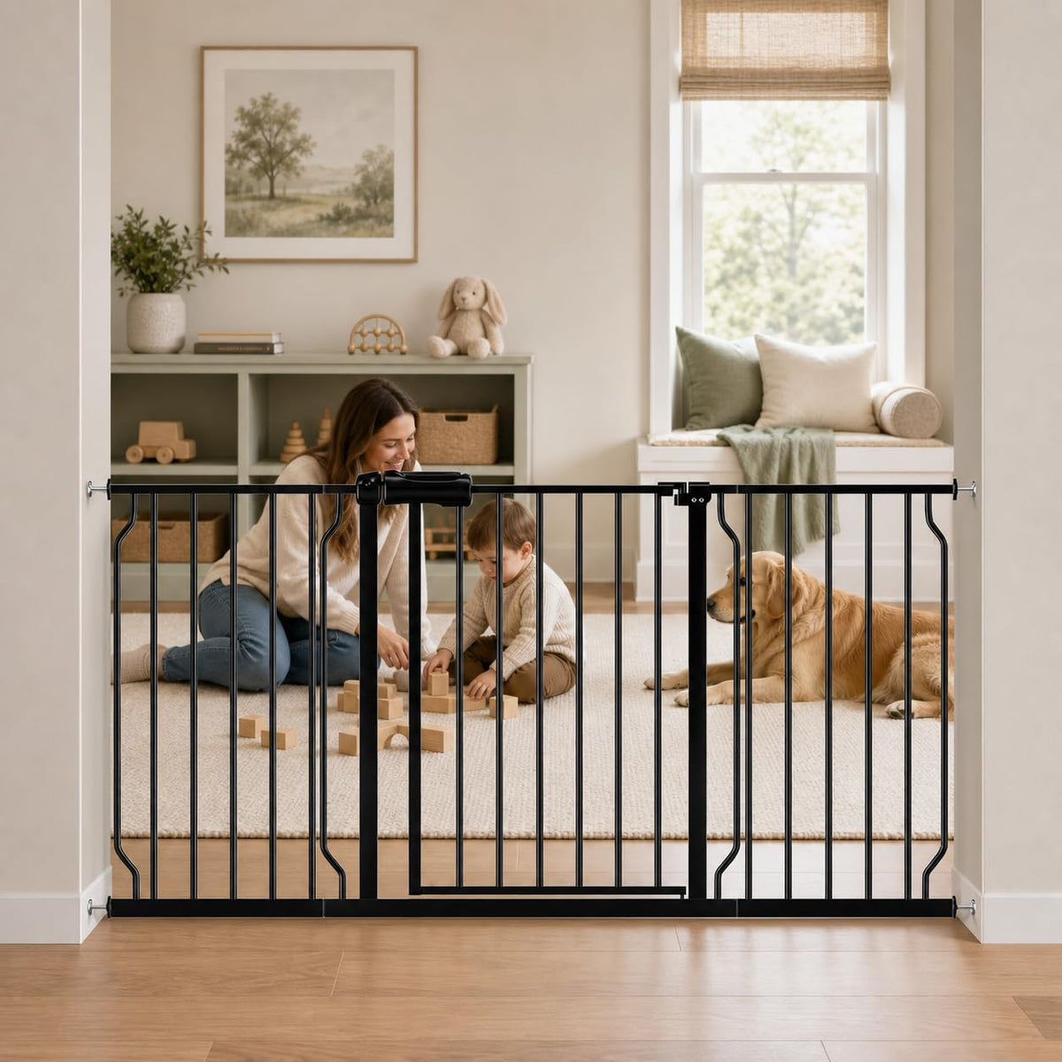 Black extra wide walk-through pet gate in a doorway