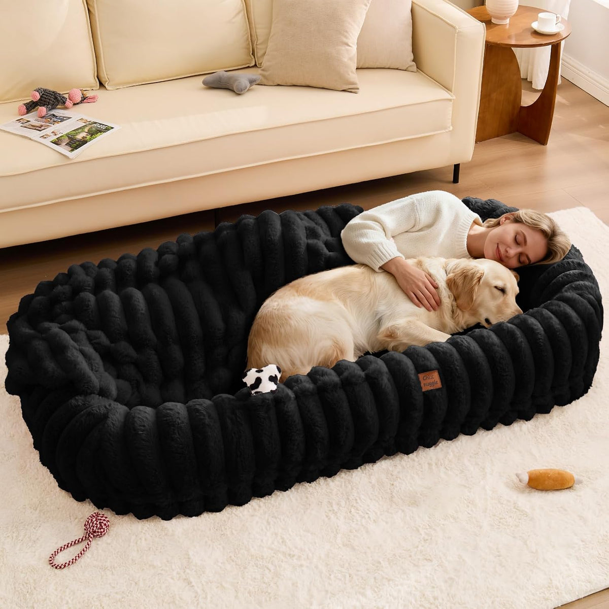Olive green giant human dog bed with faux fur cover and blanket – view 24