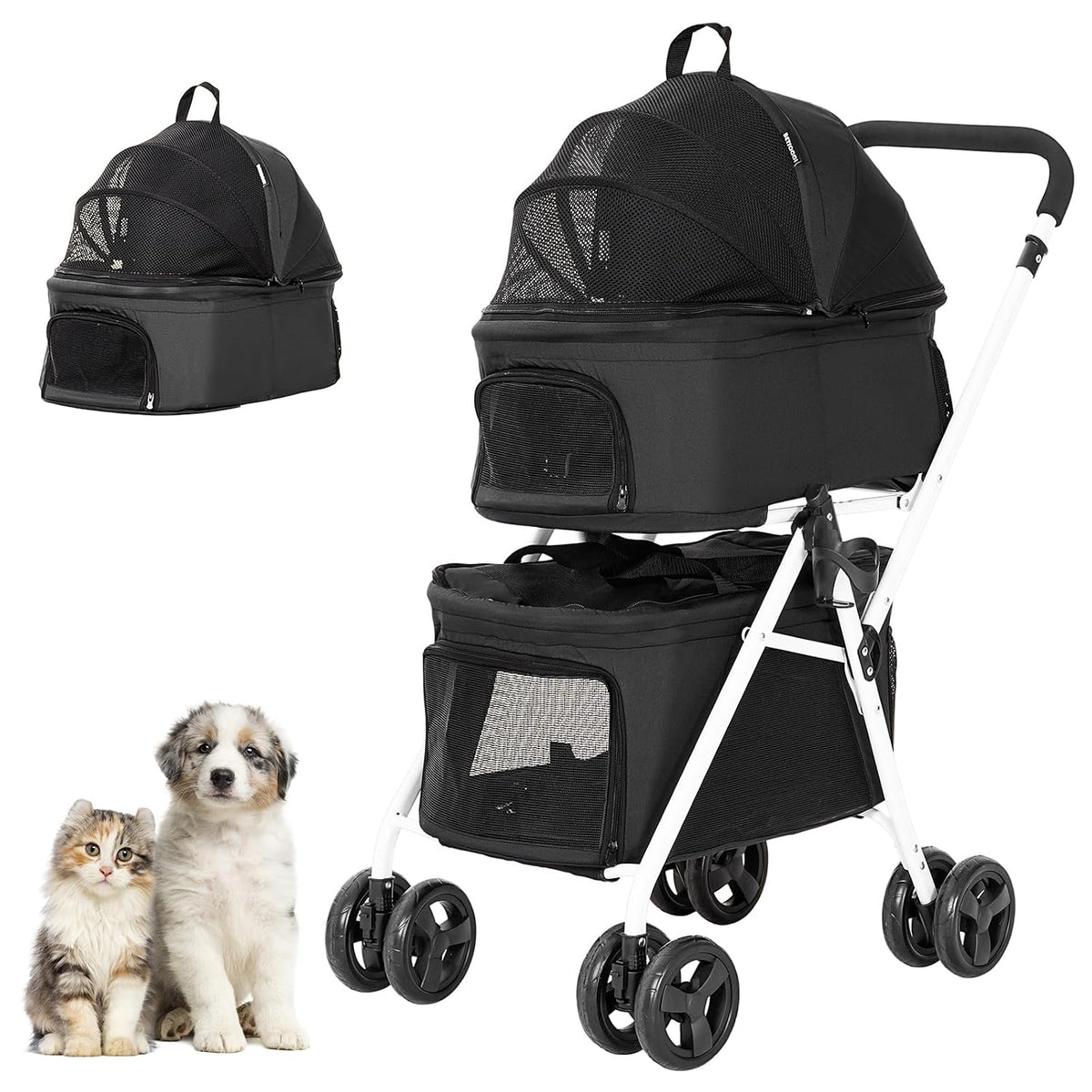 Blue double-decker pet stroller with two detachable carriers – view 5
