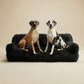 Grey giant human dog bed couch with shag fur cover, backrest and armrests – view 2