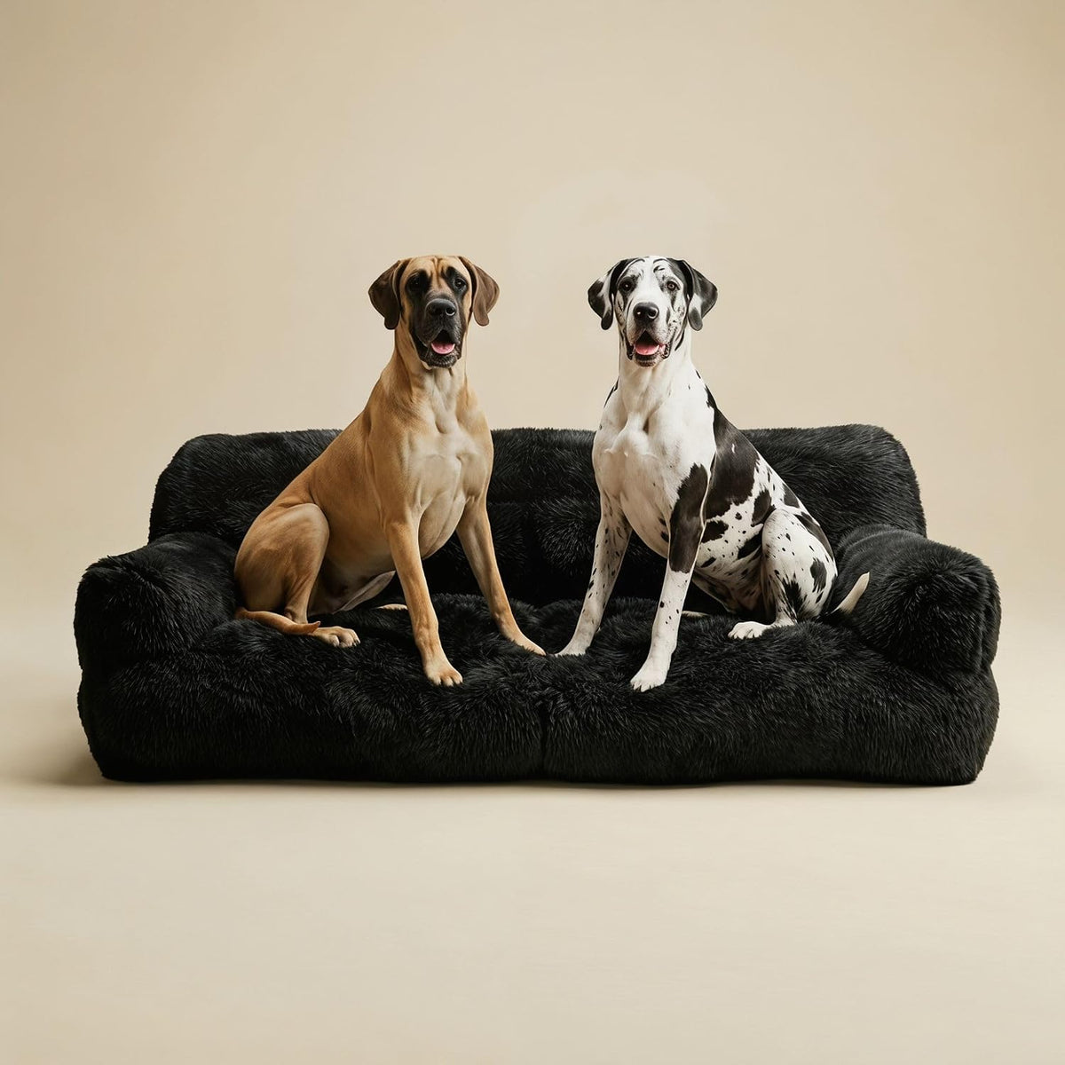 Grey giant human dog bed couch with shag fur cover, backrest and armrests – view 2