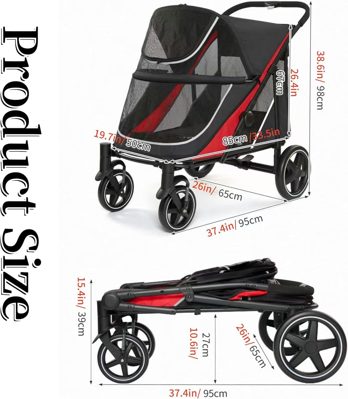 Green and yellow four-wheel dog stroller with mesh canopy and sunroof